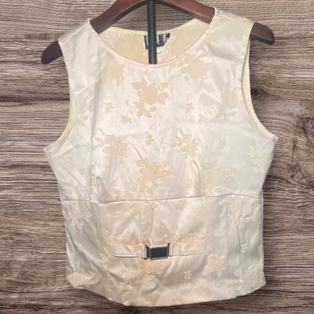 Vintage Ivory Floral Satin Sleeveless Top Belted Accent Side Zip Closure
